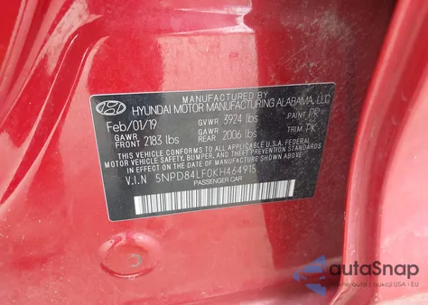 2019 Hyundai Elantra Sel z USA, uszkodzony, nr VIN 5NPD84LF0KH464915